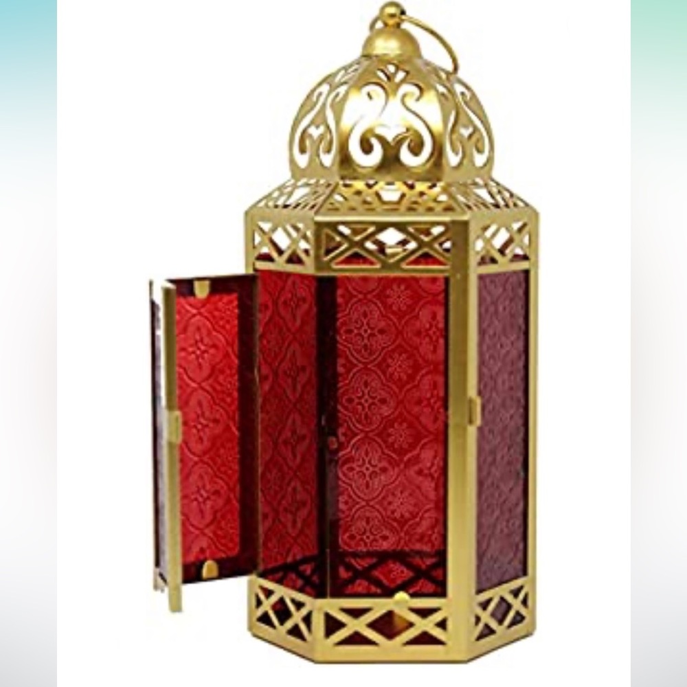 Lanterns Metal Moroccan Decorative Candle Lantern Holder for Ramadan, Gold, Red - Picture 2 of 5